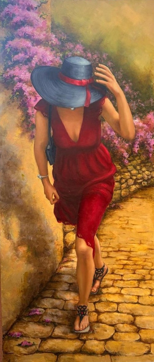 Şapkalı Kadın — İlknur Gürcan'ın yağlıboya tablosu, 2022, 65×150 cm
